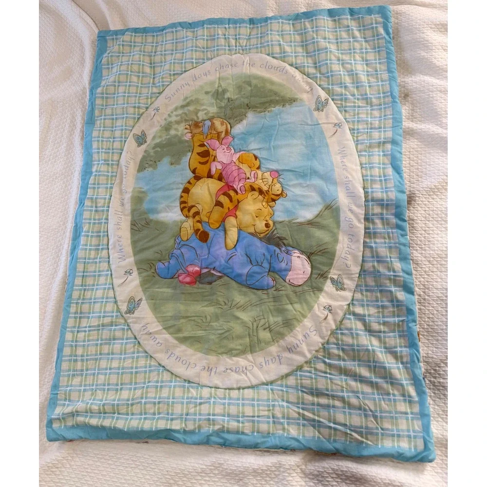 Disney Winnie the Pooh Baby Quilt Unisex Blue Green Blanket Reversible Vintage